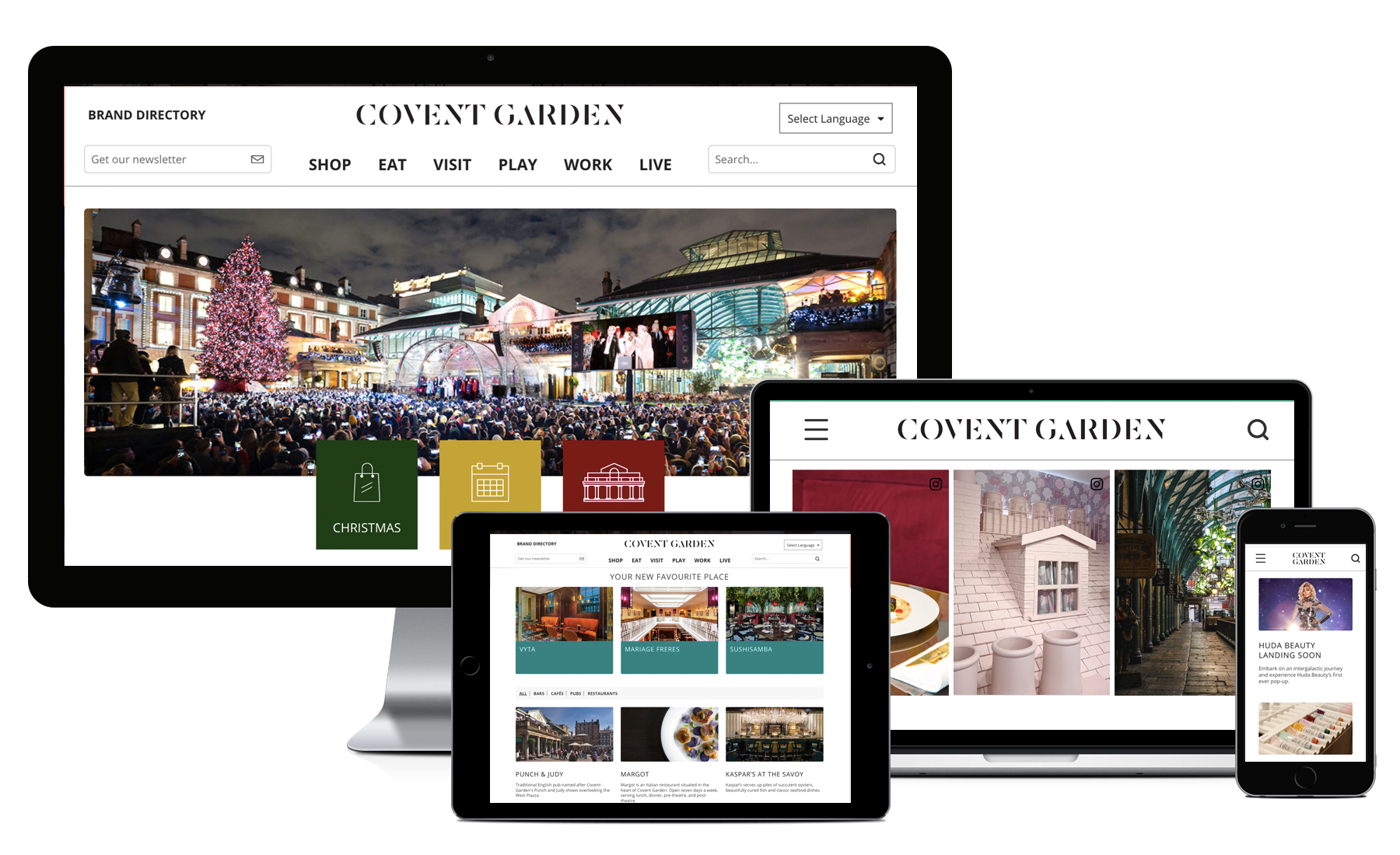 Desktop, Macbook, tablet and iPhone showing pages from Covent Garden&#039;s website