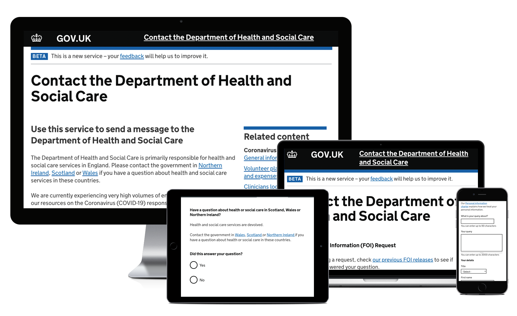 Desktop, Macbook, tablet and iPhone showing pages from the Department of Health and Social Care&#039;s customer contact form